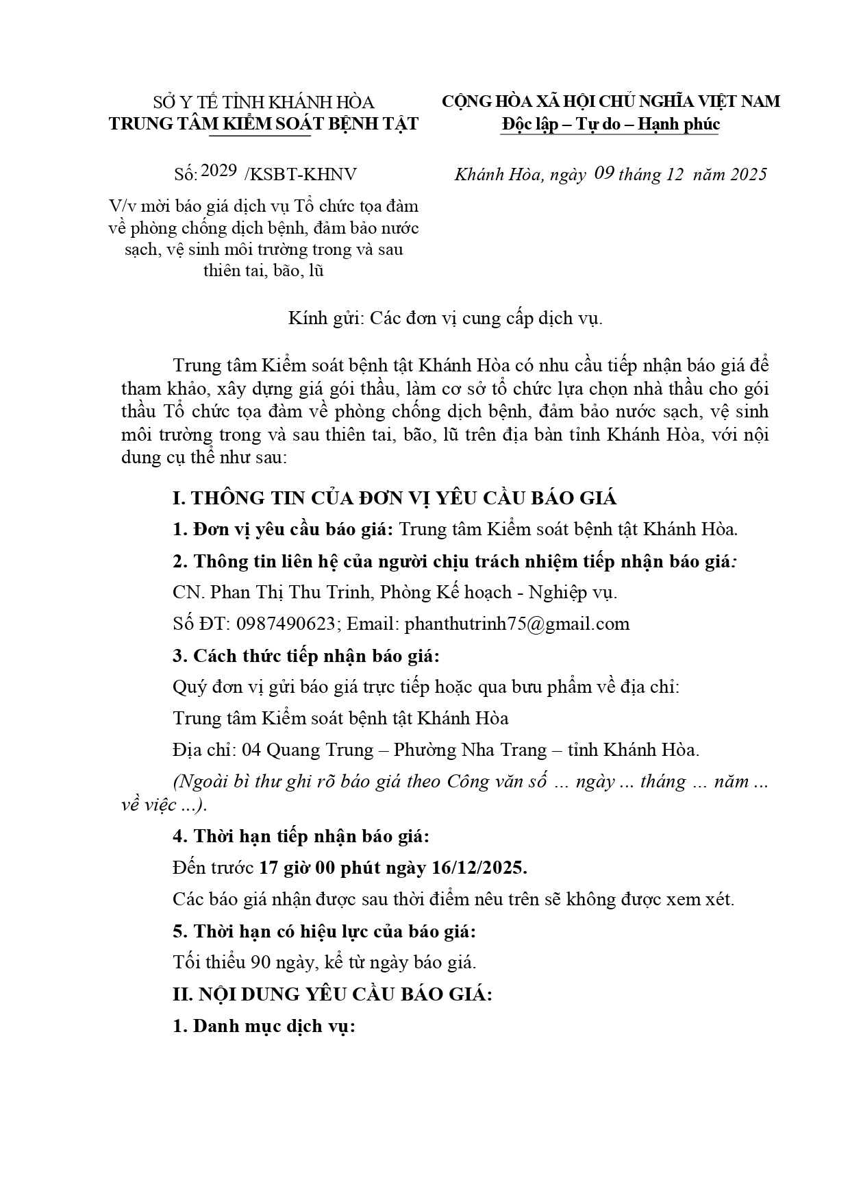 V/v mời báo giá dịch vụ Tổ chức tọa đàm về phòng chống dịch bệnh, đảm bảo nước sạch, vệ sinh môi trường trong và sau thiên tai, bão, lũ